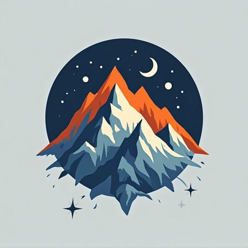 Logo design for a climbing equipment company. Features a stylized mountain with vibrant colors. Includes a crescent moon and stars. Perfectly blends adventure and simplicity.