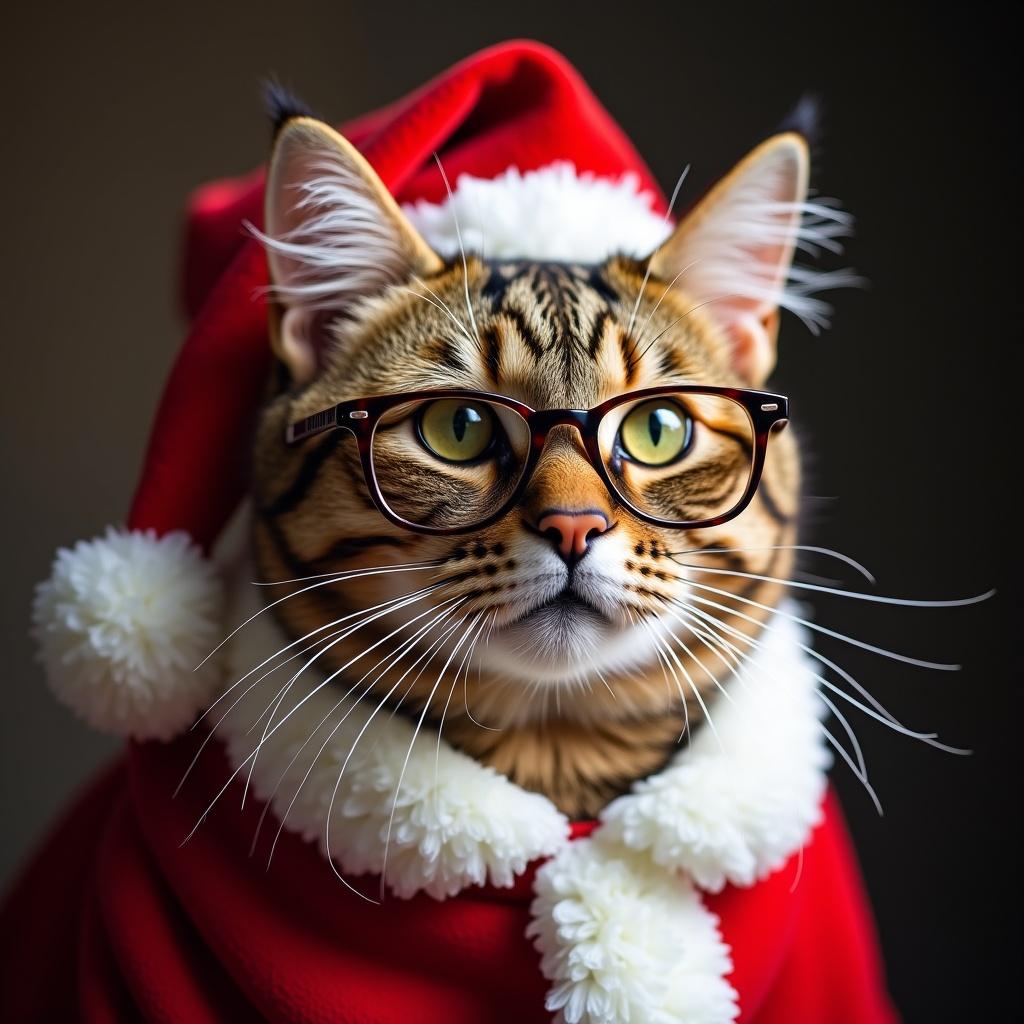 Photo of a cat dressed in a Santa Claus outfit. Cat is wearing Lennon glasses. The scene exudes a festive spirit.