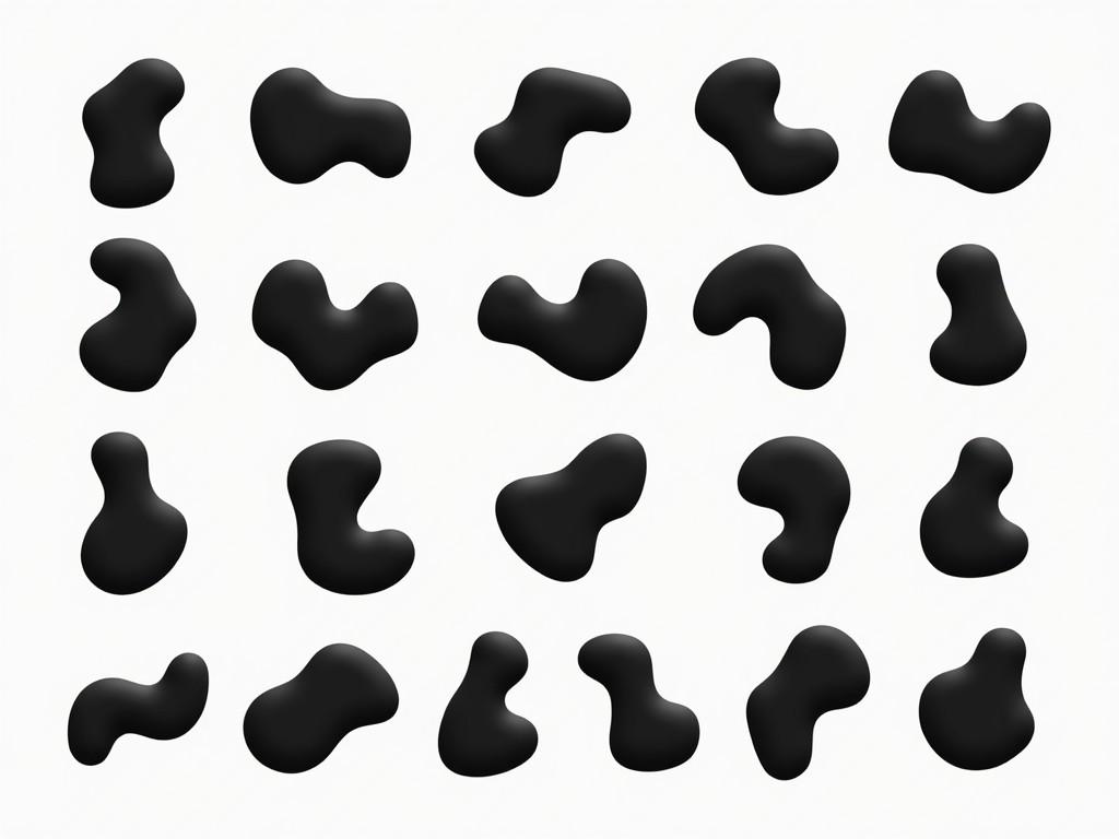 The image features a collection of 20 simple fluid shapes in black color. Each shape varies slightly in form, showcasing an organic and modern aesthetic. The background is a subtle white, allowing the black shapes to stand out prominently. These shapes could be utilized in various design projects to create unique patterns and textures. Their simplicity and versatility make them suitable for backgrounds, packaging, or graphic elements in digital projects.