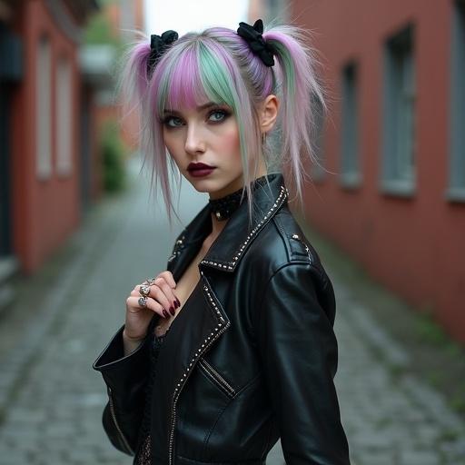 Generate a gothic punk woman with colorful hair and warm smile in a neighborhood alley. She wears a black leather studded biker jacket layered over a lace skirt. She has dark eyeliner and punk rings on her manicured hands.
