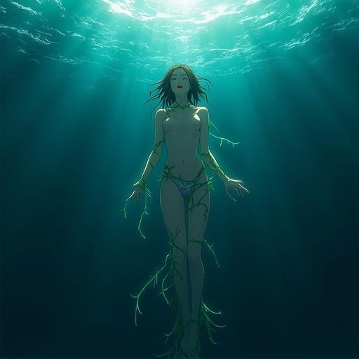 Young woman swimming underwater in horror anime style. Bright lights shining down. Live seaweed wrapped around her legs.