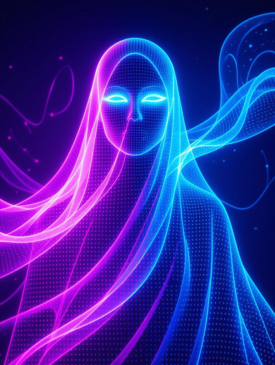Ethreal digital ghost with pixelated features. Glows in neon hues. Contains translucent wisps of data. Captured in a lomographic style. Light plays off intricate patterns.