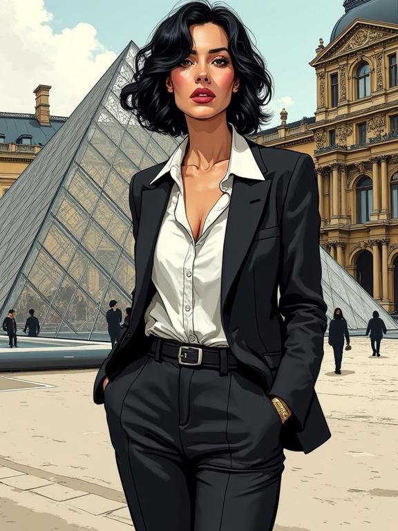 Detailed modern comic illustration by Milo Manara featuring a short Parisian woman in sophisticated office attire in front of the Louvre Museum. Show detailed background. Illustration displays realistic features