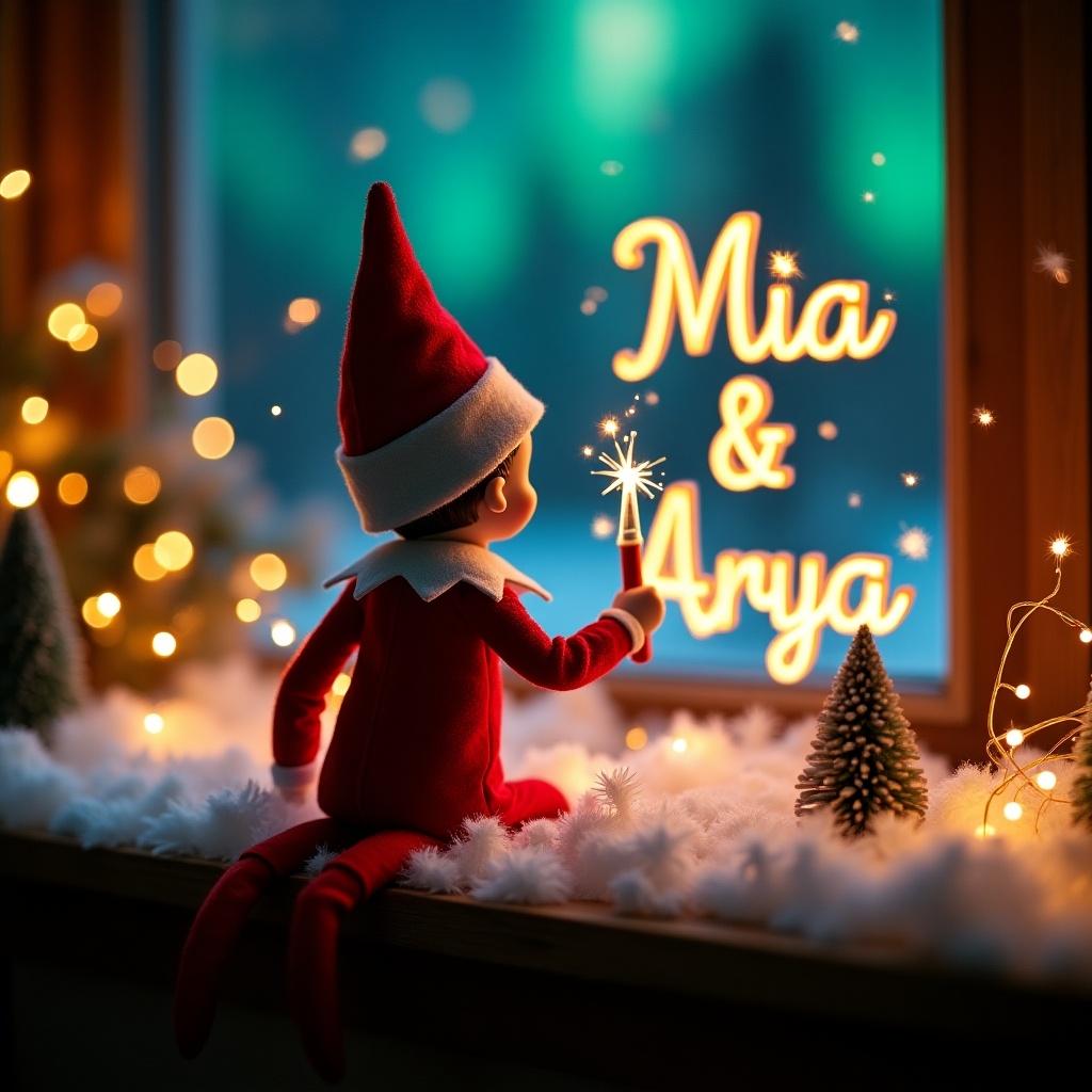 Enchanting Christmas scene with elf on the shelf. Elf dressed in red and white. Elf wields magic wand. Writing 'Mia and Arya' in glowing script. Vibrant northern lights in the backdrop. Scene radiates Christmas spirit with whimsical touch. Elf's action conveys wonder and excitement.