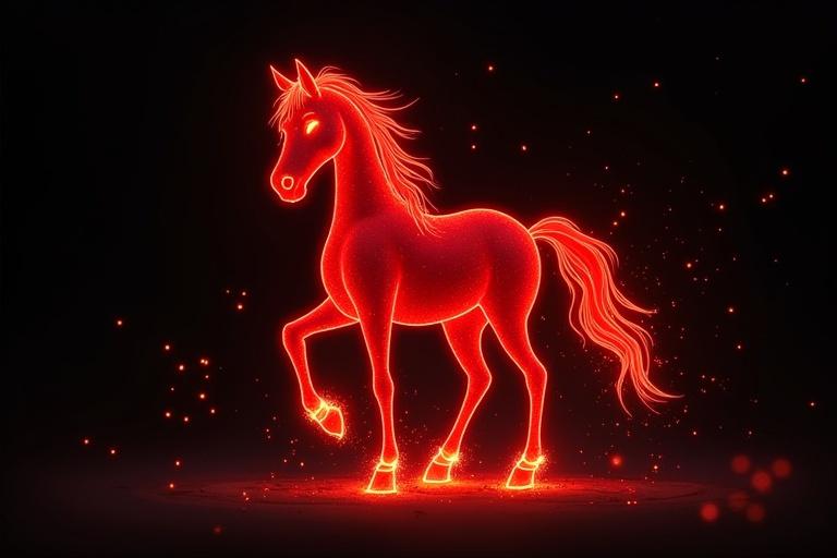Abstract representation of a horse. Image of a red horse surrounded by glowing sparks. Dark background with sparks creating a mystical effect.