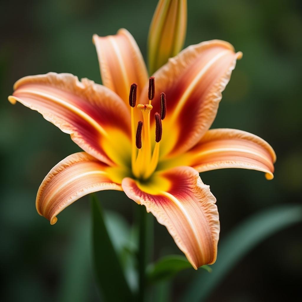 This image showcases a stunning close-up of a lily flower. The petals are an appealing blend of orange with striking red accents. The flower is positioned prominently against a blurred green background, drawing attention to its intricate details. The vibrant yellow throat contrasts beautifully with the petals, making the lily appear lively and inviting. The gentle, natural light enhances the richness of the colors and the texture of the petals, creating a serene and beautiful scene.