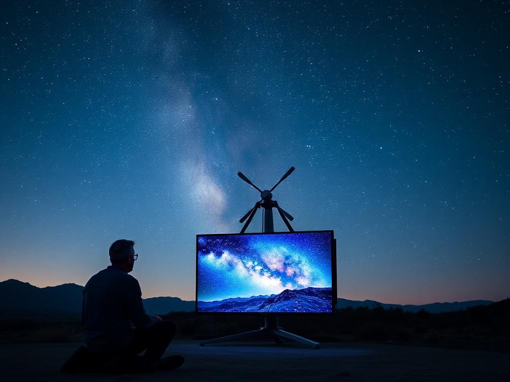 A person observes a large screen displaying a starry night sky against a real night backdrop.