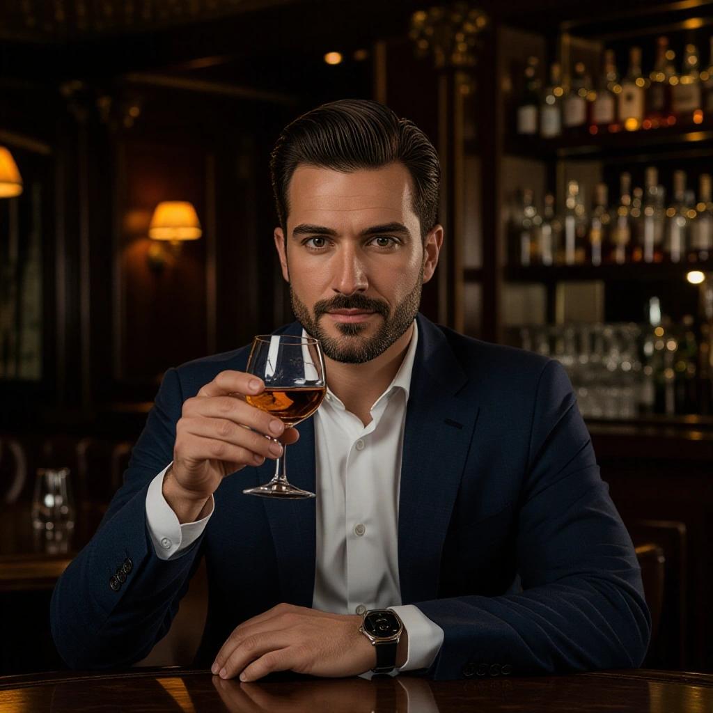 A handsome man is sitting in a fancy bar while holding a glass of whiskey. He is dressed elegantly. The bar has a rich and warm atmosphere.