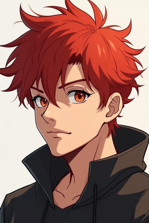Anime character with red hair and amber eyes, drawn in the style of Frieren