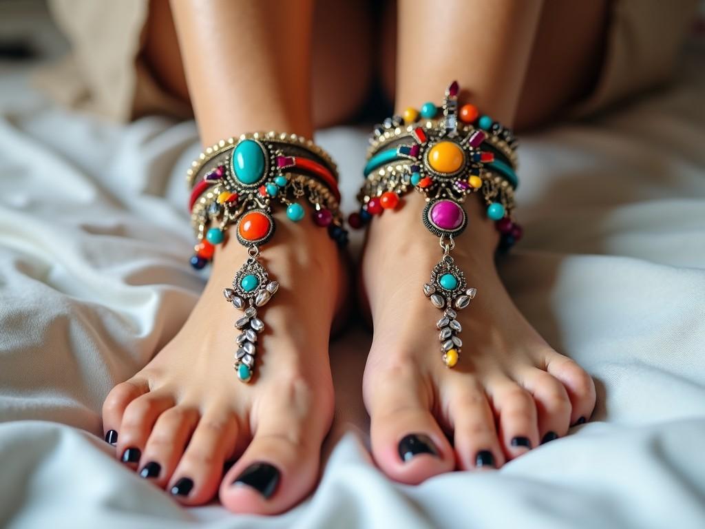 The image showcases a close-up of beautifully adorned feet, highlighting an exquisite collection of bohemian anklets and rings. Each jewelry piece is accentuated with colorful beads and vibrant gemstones, creating a captivating visual experience. The feet are gracefully positioned on a light-colored fabric, which serves as a calming backdrop. The contrast of black nail polish against the bright accessories adds a touch of elegance. This portrayal invites viewers to appreciate the detailed artistry and personal expression found in unique jewelry choices.