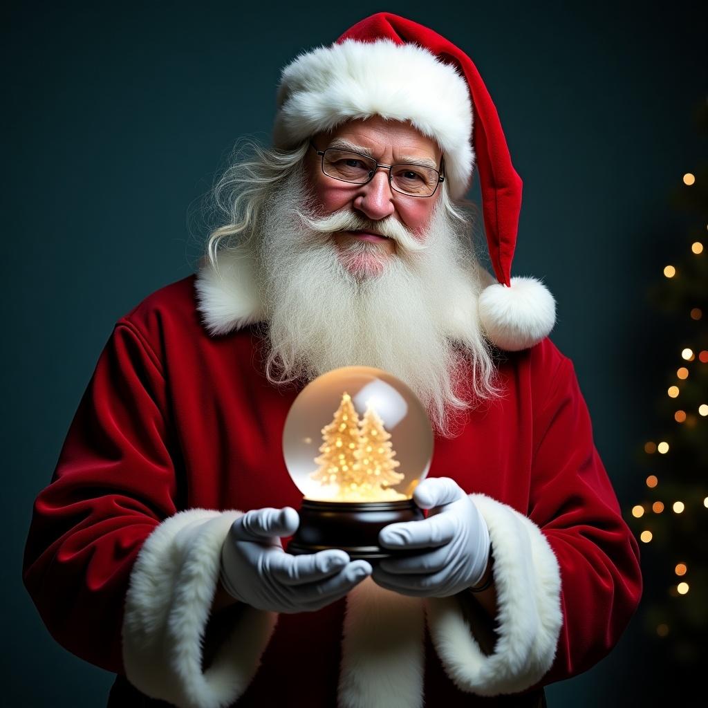 Santa Claus is holding a snow globe featuring a Christmas tree. The figure is dressed in traditional attire.