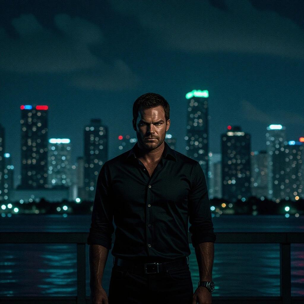 No text dark Miami cityscape setting at night. Man with intense expression wears dark shirt. Urban skyline with bright lights. Evokes vibe of mystery and danger.