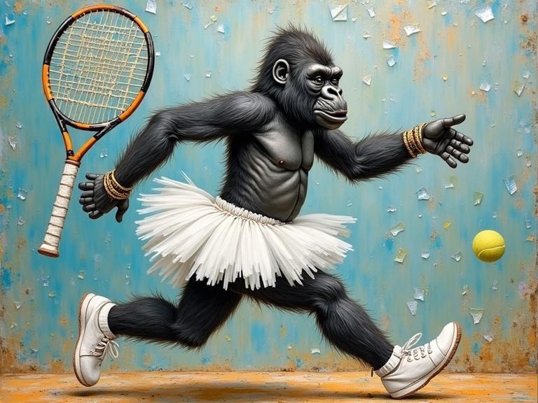 A whimsical gorilla wearing a white tutu tennis outfit runs on a tennis court reaching to hit a ball. The gorilla has a funny expression and shows exaggerated movement and sweat.