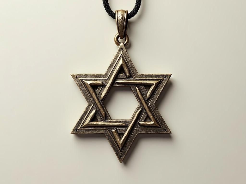 This image showcases a fantasy religious symbol depicted as a star-shaped pendant. The pendant features a pentagon crest design and is made of a bronze-like material. It's crafted to appear simple yet elegant, making it suitable for use as a necklace. The star has a clean and sophisticated look, emphasizing its artistic and cultural significance. This design can appeal to those interested in jewelry and religious artifacts.