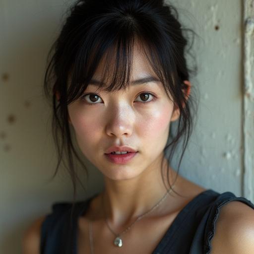 Close-up portrait of a woman. She has soft features and is looking directly at the camera. Natural lighting casts a glow on her face. She wears a simple necklace. Hair is lightly tousled.