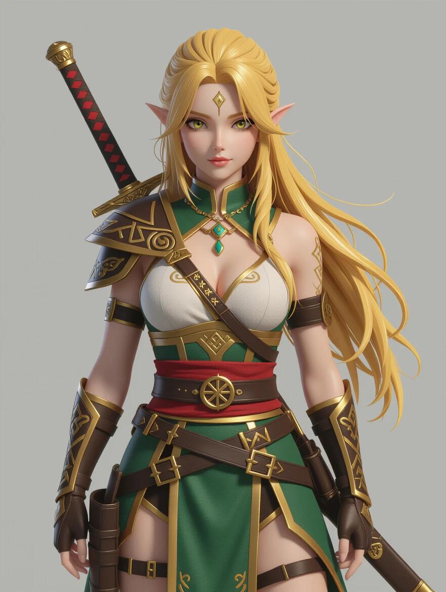 Full body image of a female character. She has golden hair and eyes. Wears detailed runic armor. Holds an elemental katana. 3D style character design.