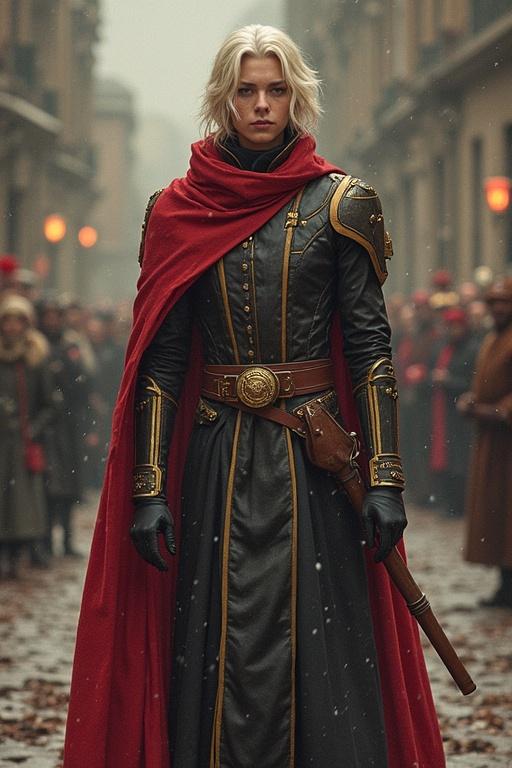 Intricate character in medieval armor poses with a red cape on a busy street. Surroundings filled with villagers and historical buildings.