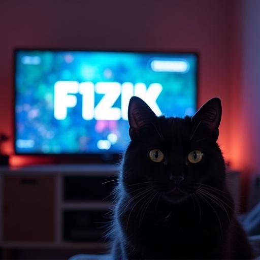 A black cat sits in front of a TV screen displaying the game title F1zik. The background has soft lighting effects.