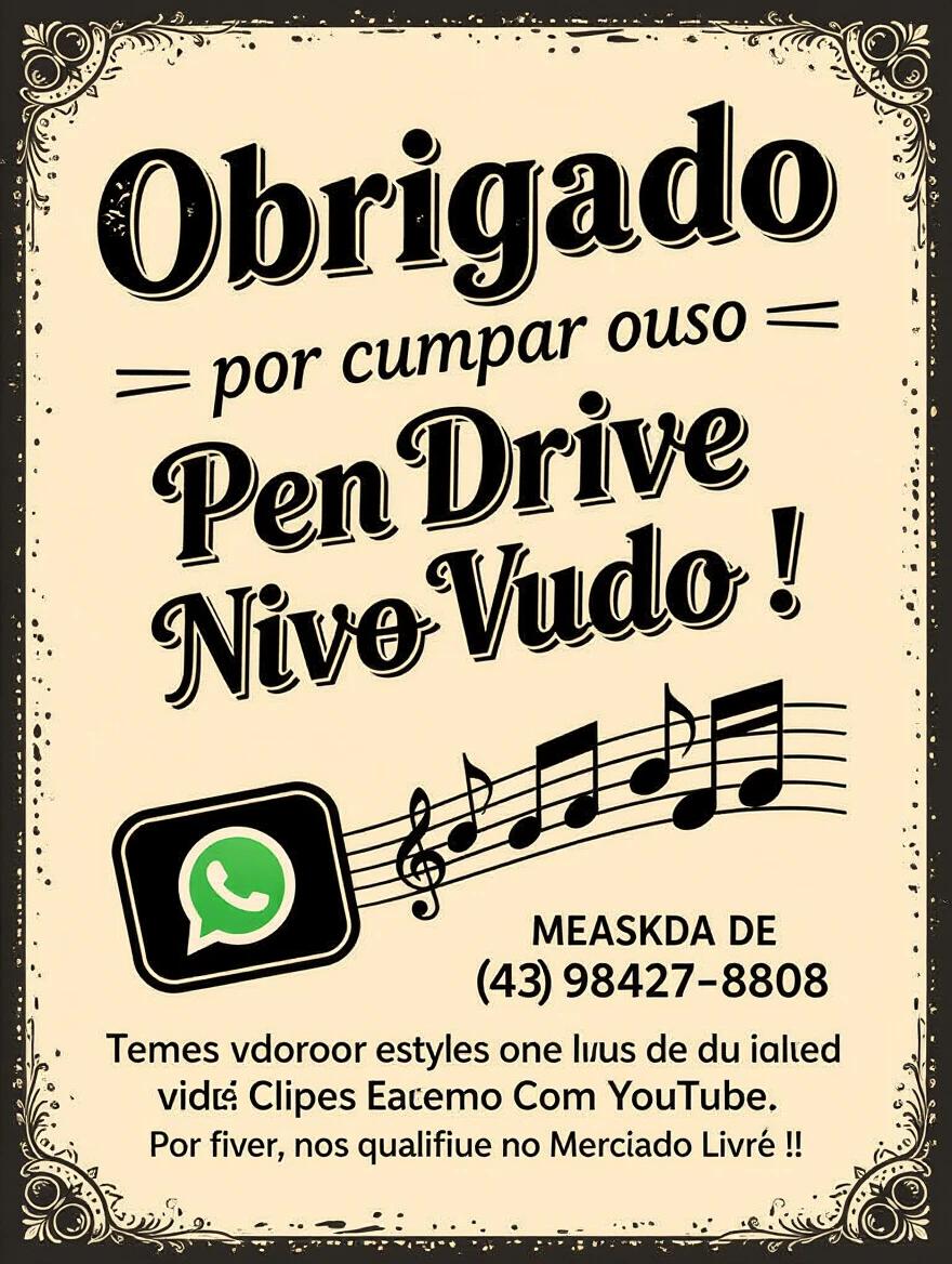 Thank you card in black and white vintage style. Text thanks customers for buying Pen Drive. Below are various music styles and video clips. We create with your YouTube playlist. Include WhatsApp icon with number and request for Mercado Livre rating. Notes and retro graphics included.