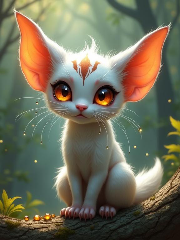 Fictional creature resembling a mix of a cat and a woodland sprite. It has glowing fur, large ears, and expressive eyes. Set in a fantasy forest environment on a tree branch.