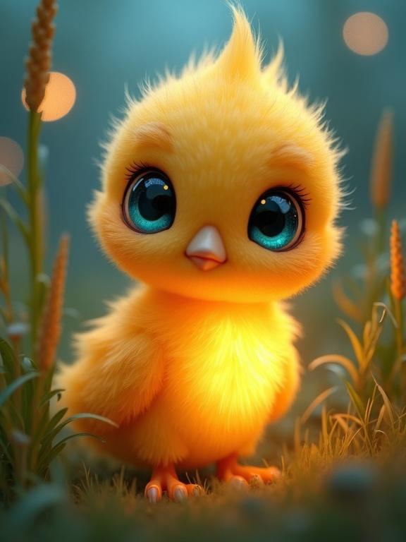 Detailed description of an adorable glowing creature resembling a tiny bird in a magical meadow. Character has a fuzzy golden body, big blue eyes, and is surrounded by grass and ambient glowing lights. The atmosphere appears dreamy and serene.