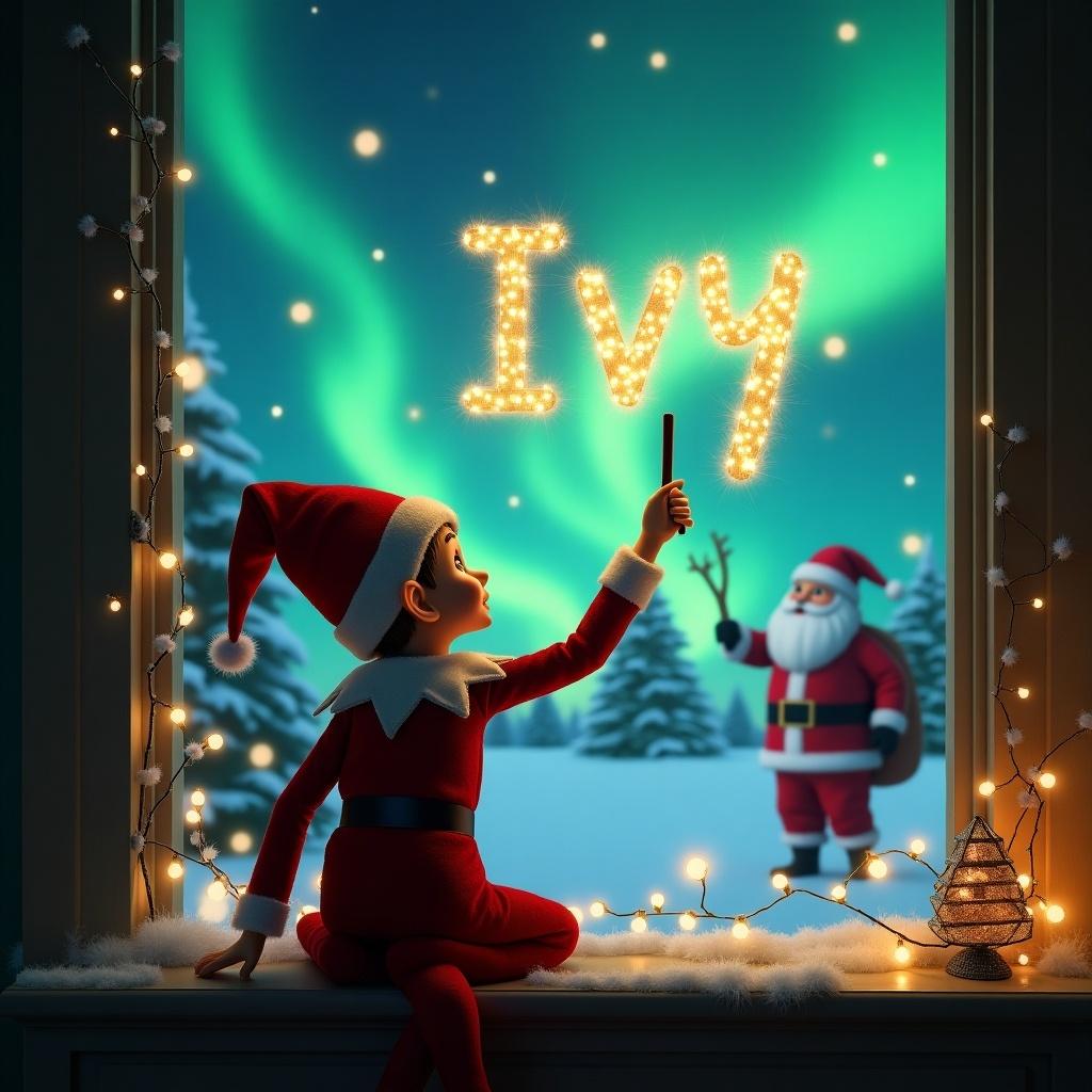 In a cozy room, an elf on the shelf sits with its back to the viewer, facing a large window. The elf is using a magic wand to write the name 'Ivy' in sparkling light against a backdrop of northern lights. In the background, Santa Claus stands among snowy trees, observing the magic. The scene is filled with Christmas decorations, creating a warm and festive atmosphere. The area's lighting is magical, highlighting the winter wonderland outside.