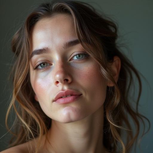 A close-up portrait of a young woman with natural makeup and soft features. Her hair is styled in loose waves. The background is a muted color creating a gentle contrast with her skin tone.