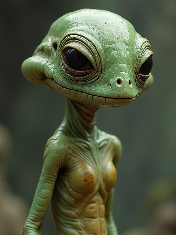A lizard-headed alien inspired by 1950s science fiction. The character has a full body view with detailed skin texture. The alien features oversized eyes and a humanoid form. It reflects retro sci-fi styles.
