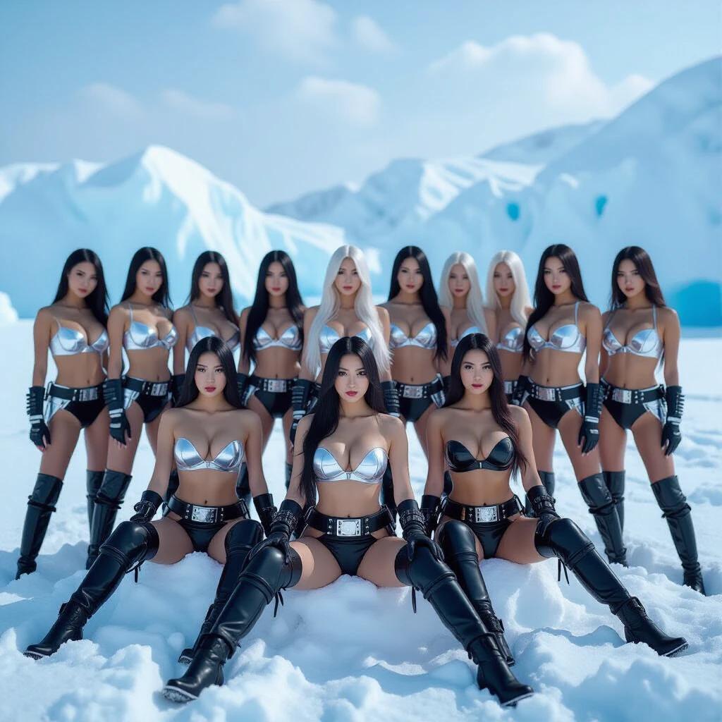 A large group stands and sits in a snowy landscape surrounded by icebergs. A group of women with bright skin in shiny silver and black metallic leather bras and panties. They wear tactical accessories like ammunition belts and high military-style boots. The image radiates dominance strength and combat readiness in a cold environment.