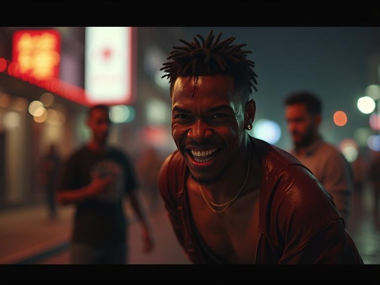 A young black male engaged in a street fight with a manic grin. Urban night setting, bloodied knuckles, onlookers in the background. Cinematic quality with neon lighting.