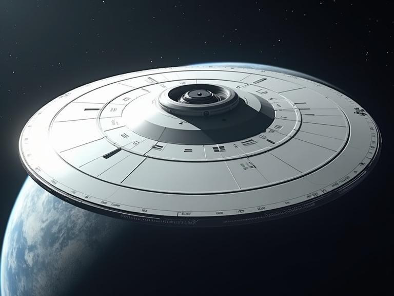 A sleek and smooth large-scale circular UFO base ship appears in outer space above a planet. The ship has a white hull with curvy lines and intricate details. The scene demonstrates realism with shadows and a sense of depth and texture. The ship is 1000ft wide.