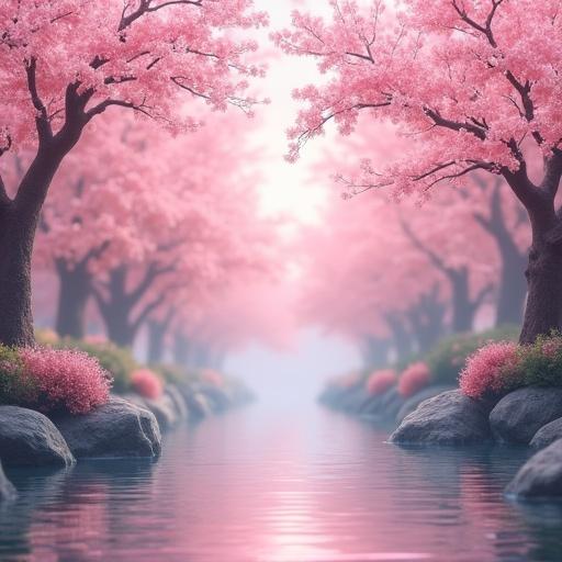 Cherry blossoms floating around a serene river with trees lining the banks. Soft, pink flowers create a tranquil atmosphere with dreamy lighting and a calm water surface.