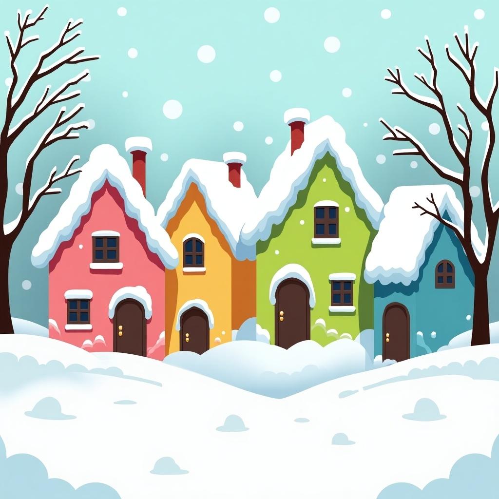 Cartoon style whimsical winter village scene with colorful houses. Bright pink, lime green, yellow cottages in snow. Trees without leaves in winter ambiance.