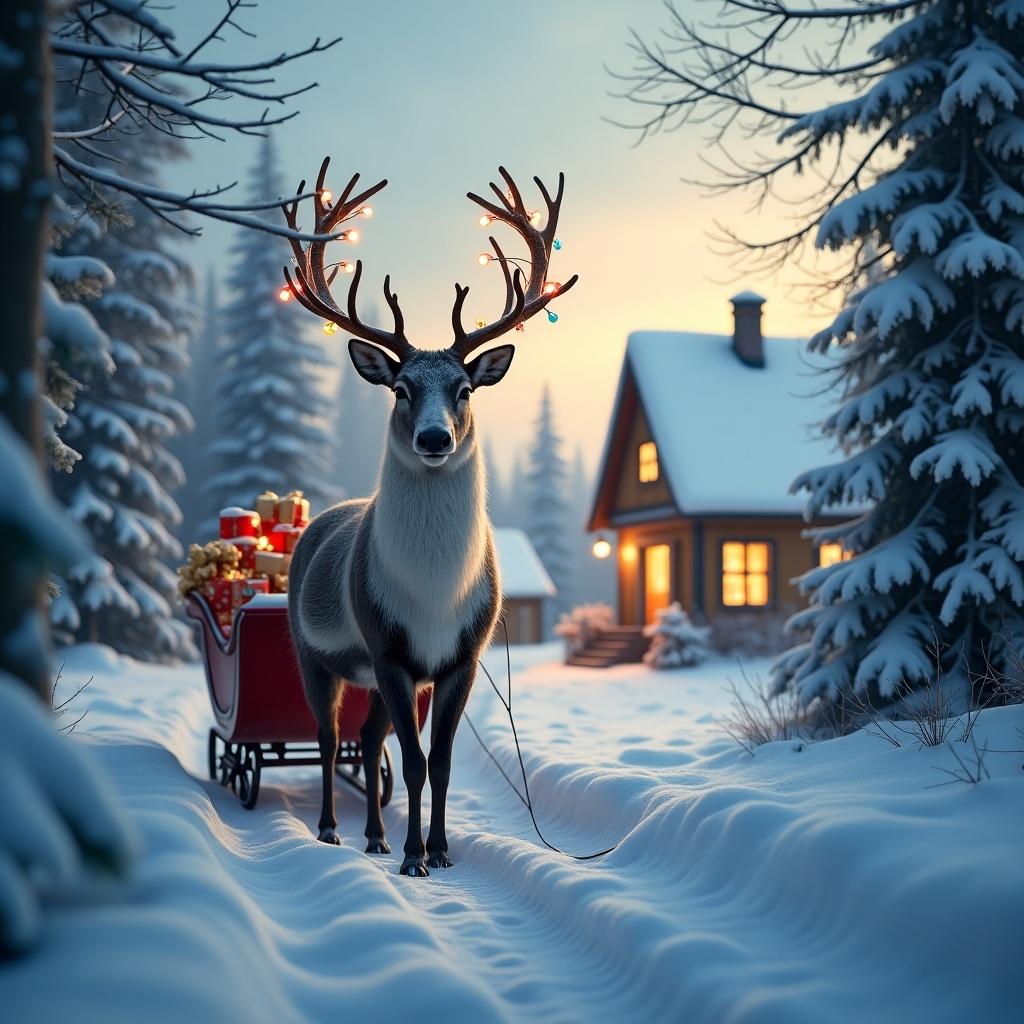 A realistic image features a Christmas reindeer in a snowy forest. It tows a sleigh filled with gifts. The reindeer has decorated antlers and a red nose. There are snow-covered trees illuminated with lights. Snow falls softly. Houses have shining lights in the windows and smoke rising from chimneys. The sun is setting behind.