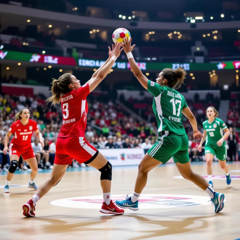 Handball match between two teams displaying dynamic athleticism. Players wearing red and green uniforms reach for the ball. Indoor sports environment with bright lights and an energetic background. Engraving effect adds a modern touch.