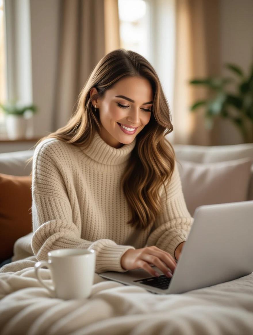 First-time working mom learns digital skills on a laptop at home. Cozy living room in the background. Coffee mug nearby. Focused and determined look. Natural lighting. Realistic textures. Professional photo style. Warm and hopeful color palette.
