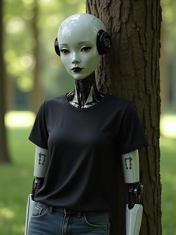 Photo-realistic humanoid female robot. Wearing a black t-shirt. Nonchalantly leaning against a tree. Seen from the front from the knees up.