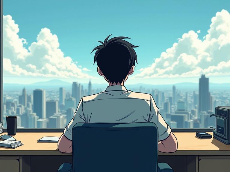 Illustration features a young man with black hair sitting in an office. He leans back in a chair behind a desk. The background shows a panoramic view of the city. The scene conveys an aloof atmosphere with bright and airy lighting at a dynamic angle.