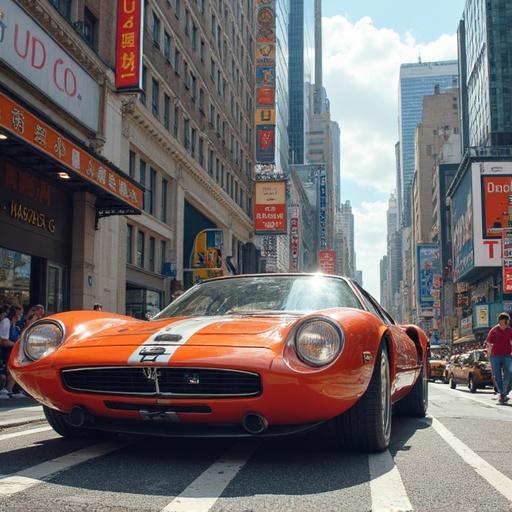 Fast car on a city street with tall buildings. A supercar leads in a chase with police cars. The image captures a classic car with vibrant colors in a busy urban setting. Photorealistic style with a focus on details.