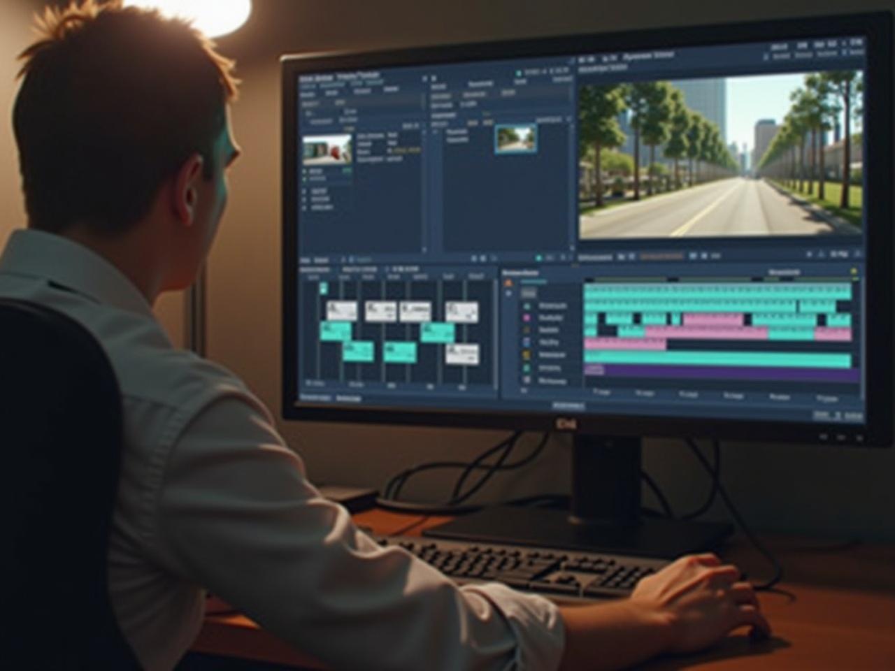 A person working on video editing using digital software on a large monitor, showcasing a timeline interface and project panels in a dimly lit workspace.