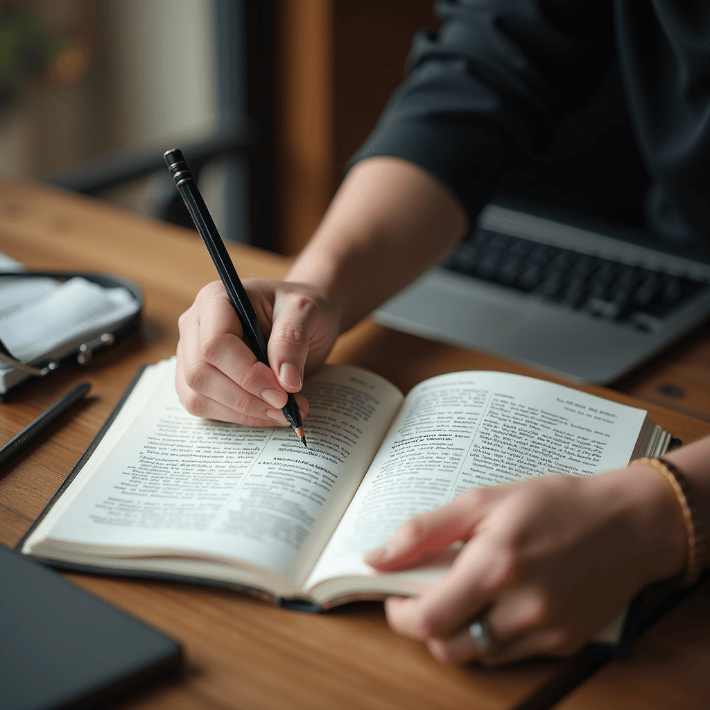 A person is studying and making notes in a book at a wooden desk with a laptop nearby.