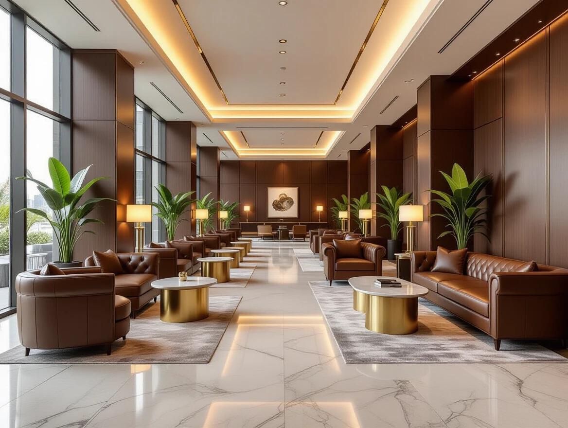 A luxurious spacious business lounge on the ground floor. The interior is open with wide walking areas. It is a nighttime setting with warm ambient lighting. Designer leather sofas are arranged in cozy clusters. Marble coffee tables are present. There are golden accents and wood-paneled walls. Recessed ceiling lights and elegant floor lamps provide light. Lush indoor plants add greenery. Soft area rugs enhance comfort. Premium materials like brass, velvet, and stone are used. The atmosphere is calm and inviting, fully enclosed with no windows, featuring photorealistic lighting and textures, creating a relaxing high-end vibe.