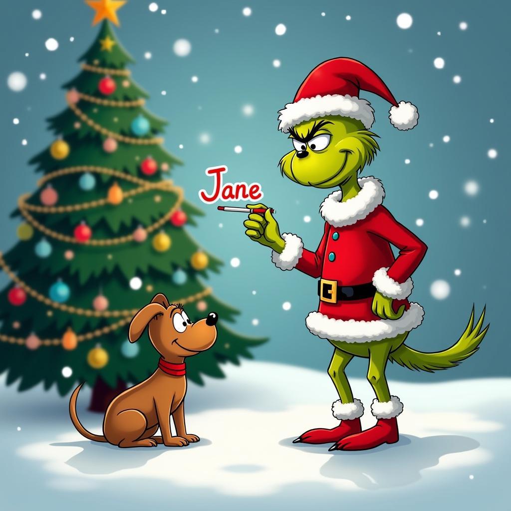 Cute Grinch and dog writing the name Jane in the snow with a Christmas tree in the background. Grinch is wearing a Santa outfit and the dog looks excited. Snowflakes are falling around them.