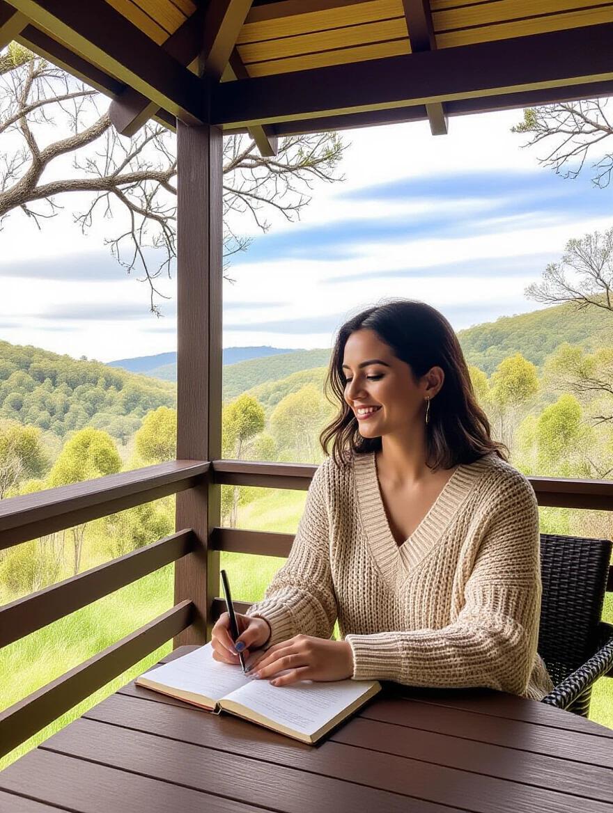 A Latin person writing goals in a notebook at a balcony. Natural landscape surrounds the person. The scene evokes a sense of empowerment and tranquility.