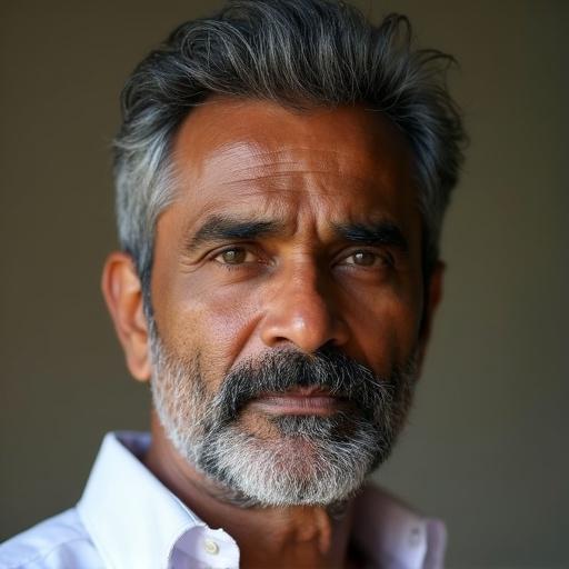 Headshot of a middle aged north Indian man. No grey hair. No beard or moustache. Focusing on facial features with a neutral background.