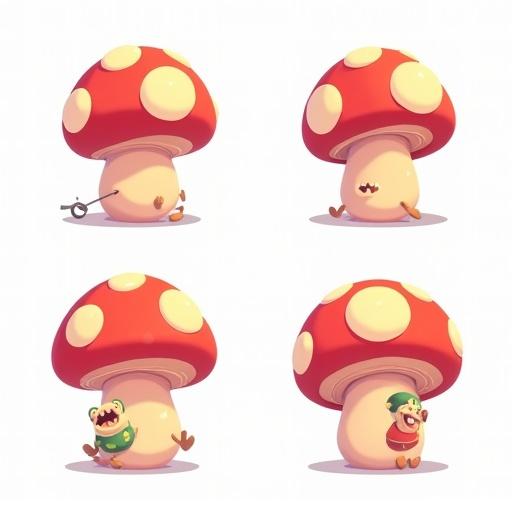 Four levels of a mushroom monster in multiple poses. Characters are on a white background. 2D cartoon style with flat colors. Each mushroom has a unique expression. Color variations in mushrooms.