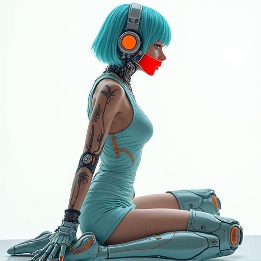 Full body portrait of an android. Character has turquoise bob hair, crimson eyeshadow, robotic eyes. Wearing futuristic dress and thigh high boots. Sitting position with legs spread. Features tattoos and biomechanical parts. Background is a white void with holographic overlays and soft lighting. Character evokes a sci-fi vibe.