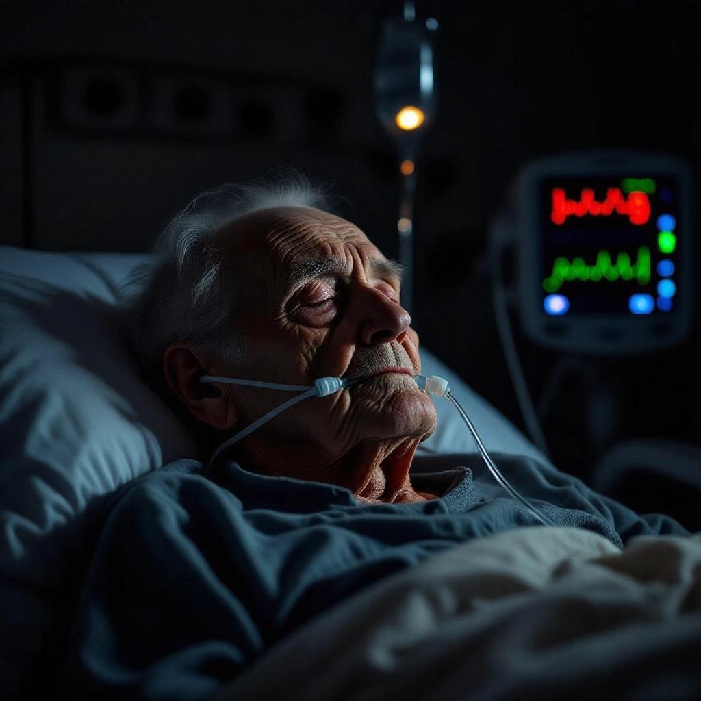 Cinematic medium shot inside a dimly-lit hospital room. A frail elderly man lies in bed with deep wrinkles and age spots. Oxygen tubes connected to his nose and mouth. Heart monitor glows faintly beside him. Warm lighting casts soft shadows around him. Heavy atmosphere of silence. Slow push-in camera angle in documentary style.