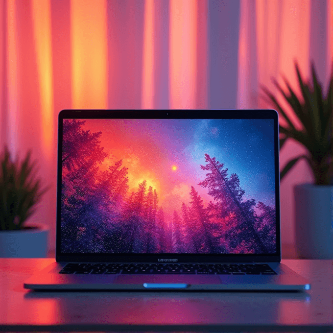 A laptop screen featuring a vibrant, cosmic landscape with colorful trees and a starry sky, set against a warmly lit room with plants in the background.