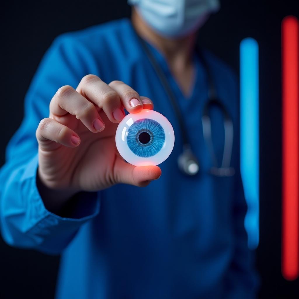 The image depicts a surgeon dressed in blue scrubs holding an eye ball. The backdrop features vivid neon colors, with blue and red lighting creating a striking contrast. The surgeon, slightly blurred in the background, has a focused expression as they display the eye ball prominently. This scene emphasizes the importance of eye health and the medical profession. The lighting draws attention to the eye ball, making it the central focus of the composition. The overall atmosphere is modern and clinical, appealing to a contemporary audience.